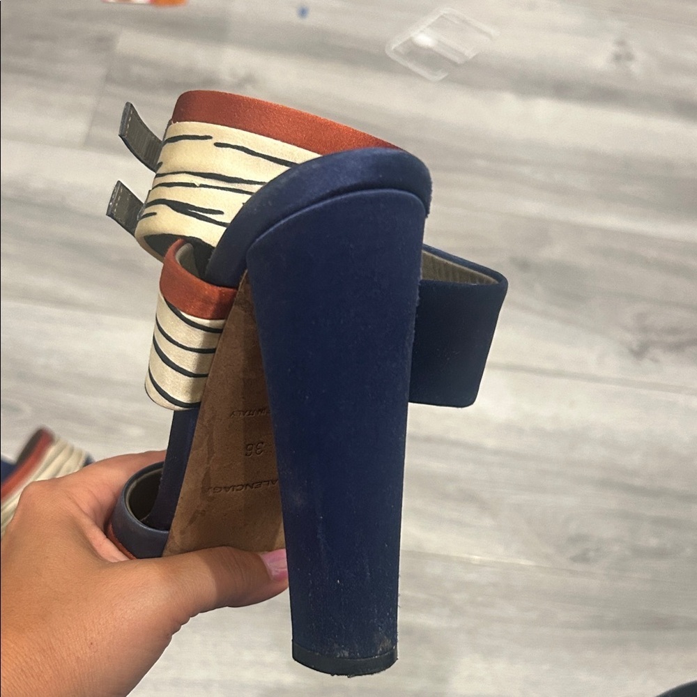 BALENCIAGA PARIS Blue and Bronze Satin Platform Women's Heels sz 36 - Picture 4 of 15